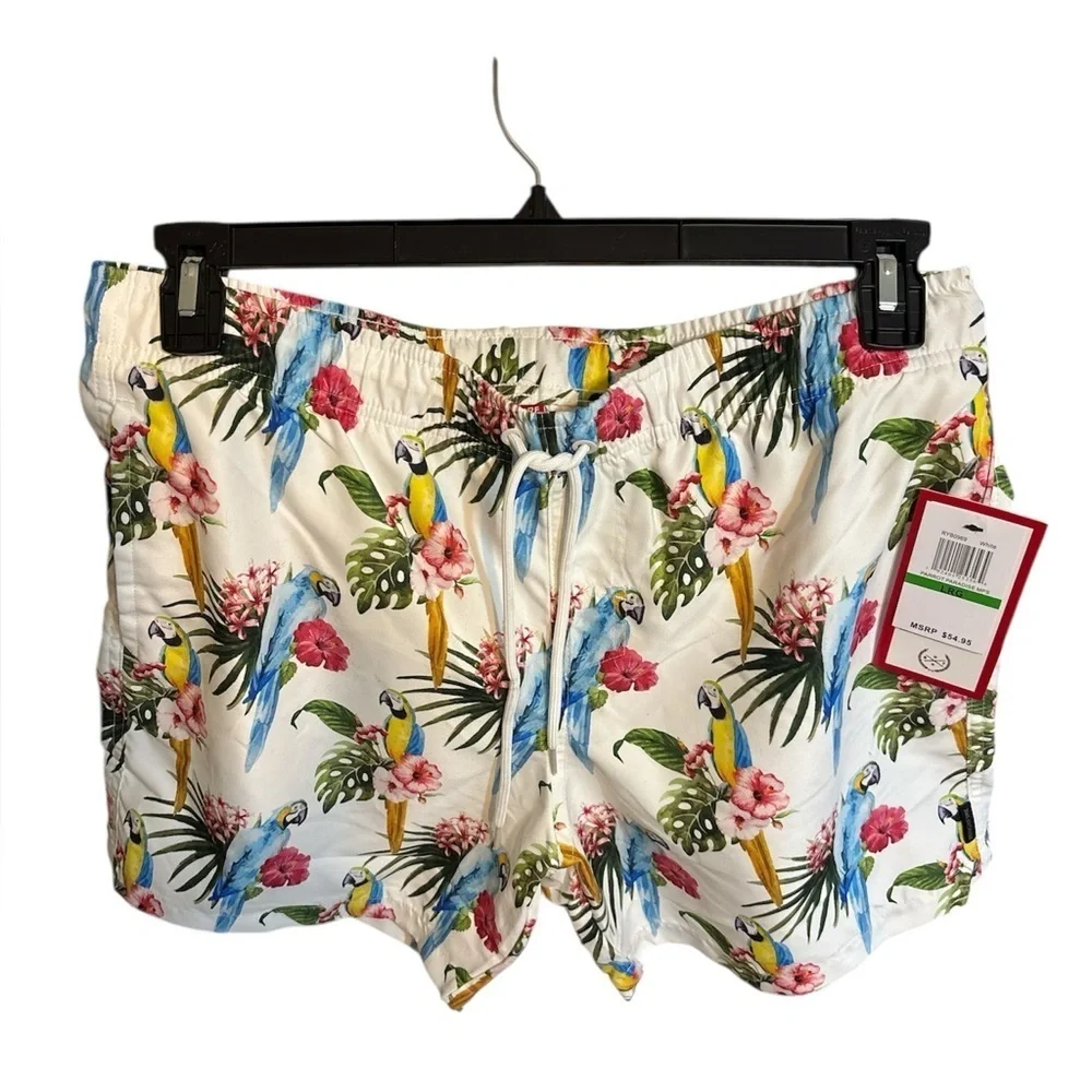 Ring of Fire Sz Large Parrot and Floral Print shorts/swim Trunks NWT. Summer Fun